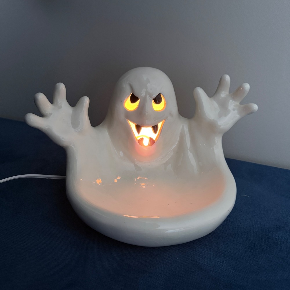 Vintage 90s Halloween Ghost Candy Bowl Light Up  Ceramic White Spooky Boo Decor